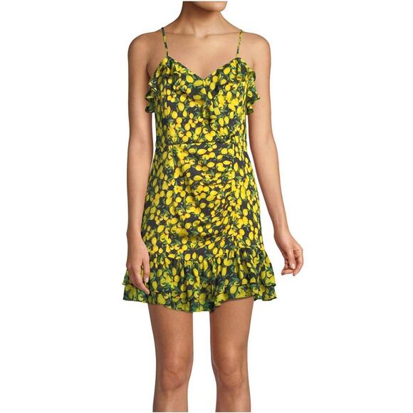 Parker Lemon Print Ruched Mini Dress Size 2 Yellow Summer Bright Preppy - Picture 1 of 9